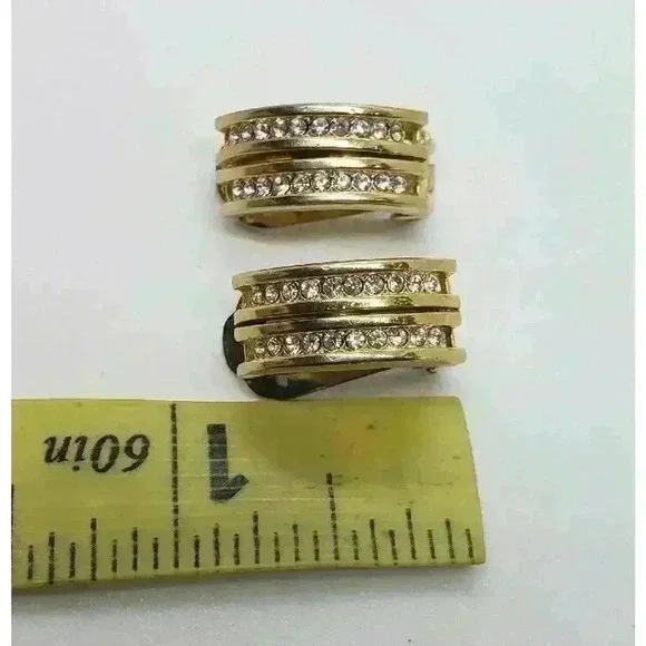 Vintage Hanae Mori Chanter Paris Clip Gold Rhinestone Earrings - Picture 10 of 11
